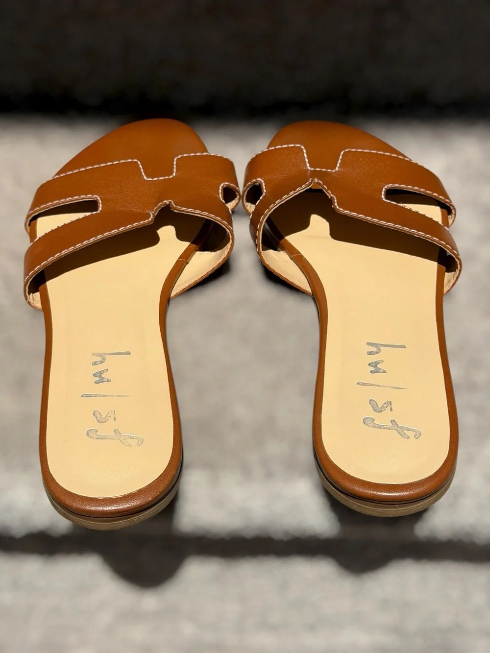 French Sole Alibi Leather Slide Sandals Cognac H Cutout Beach Summer Vacation